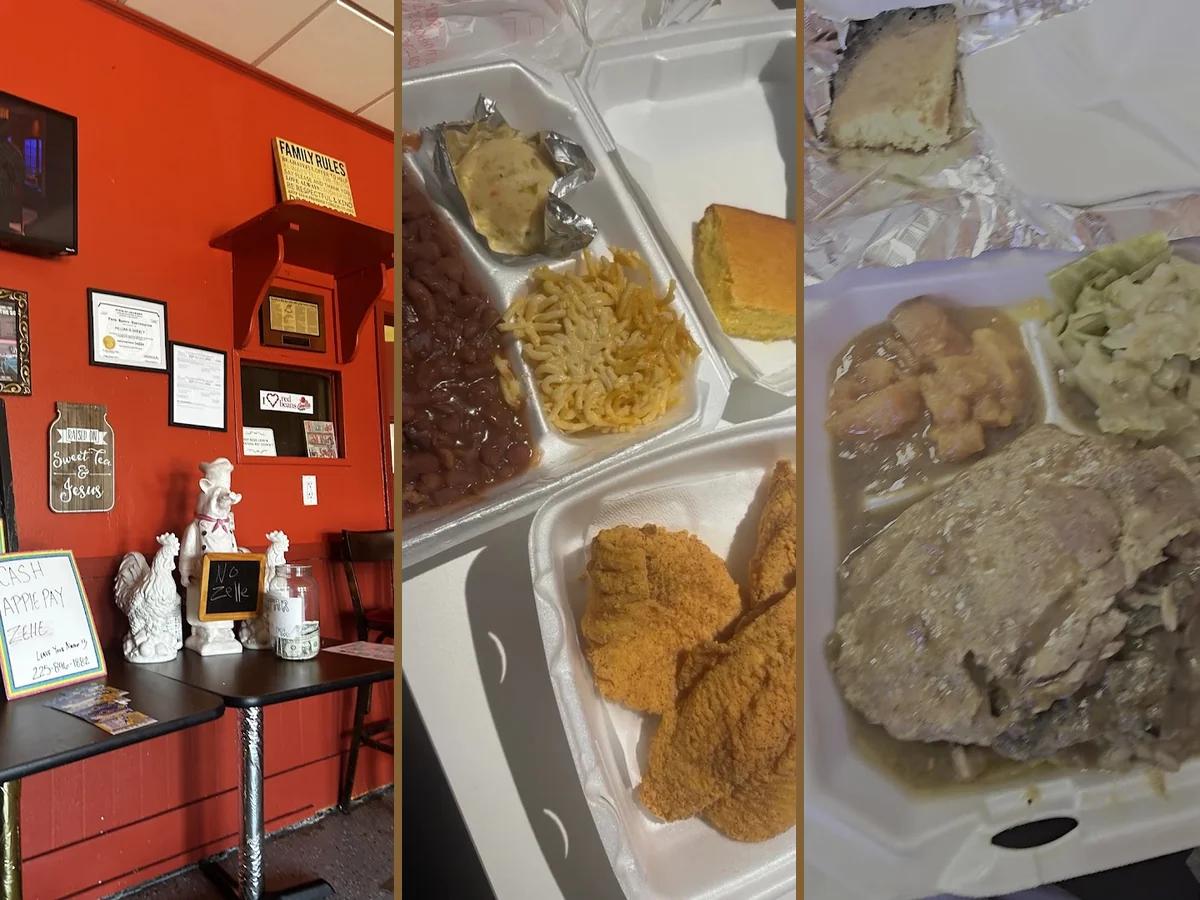 Soul food plates on a casual restaurant table.