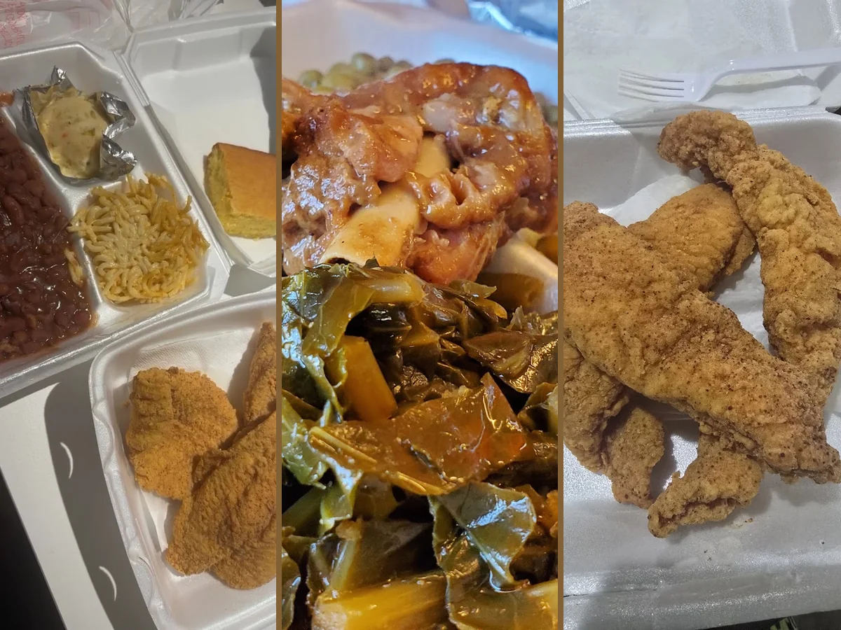 Soul food plates on a casual restaurant table.