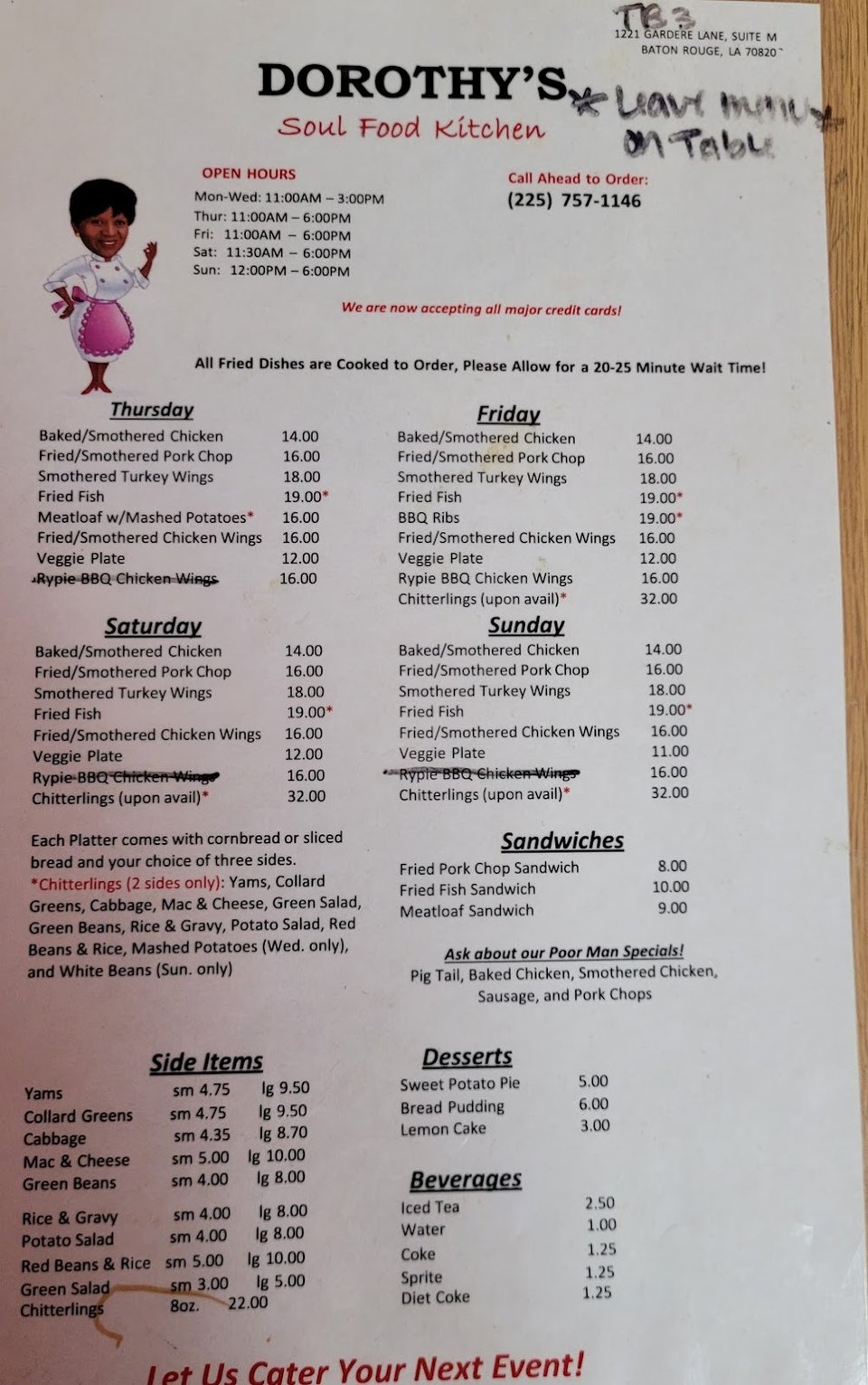 Restaurant menu with comfort food selections.