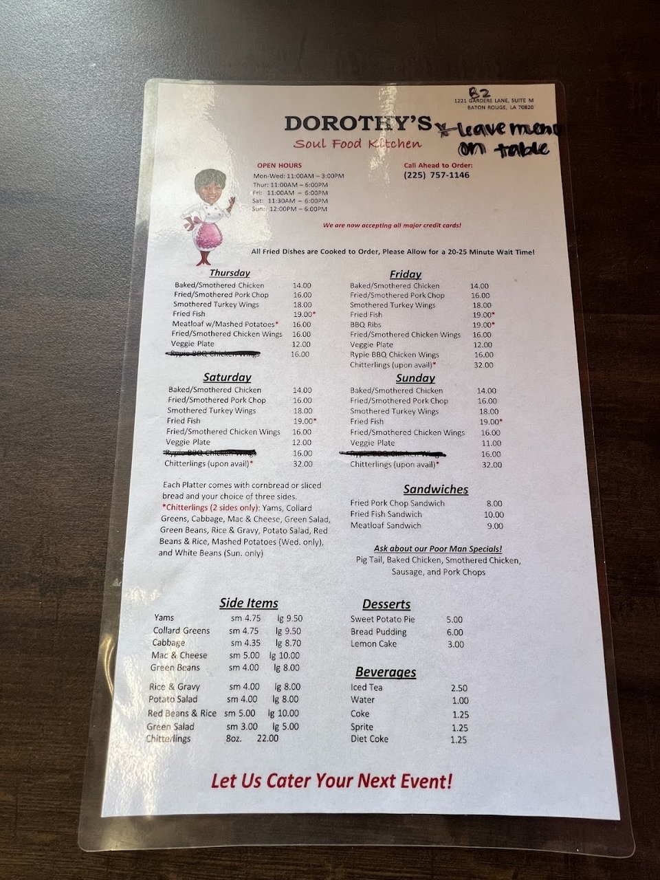 Printed menu with specials and beverages.