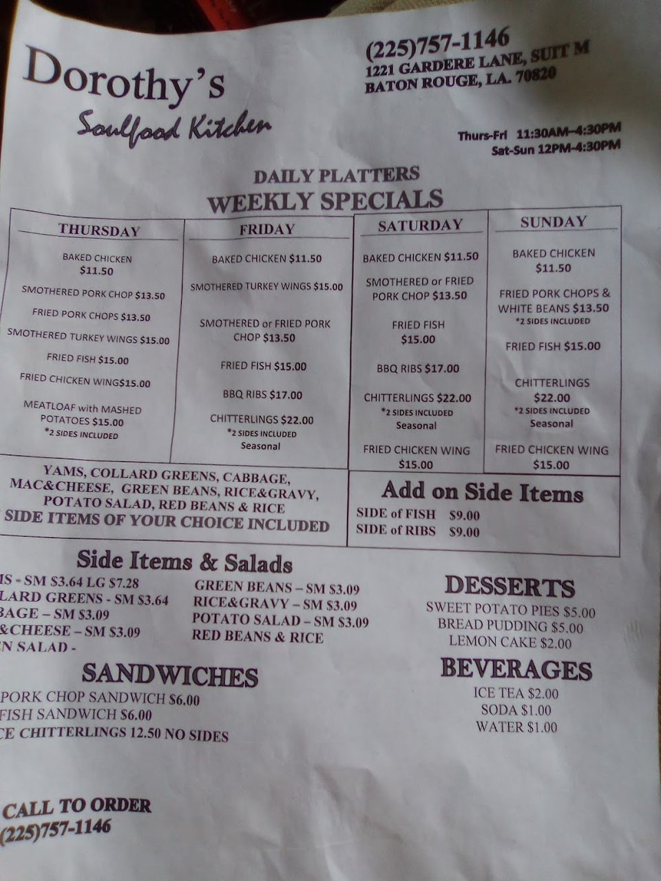 Soul food menu beside simple drink choices.